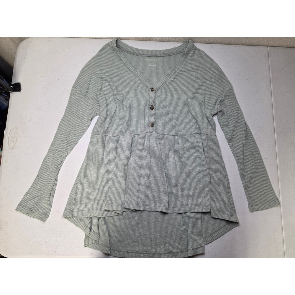 American Eagle Sage Green Ribbed Babydoll Henley Top Long Sleeve Womens Medium